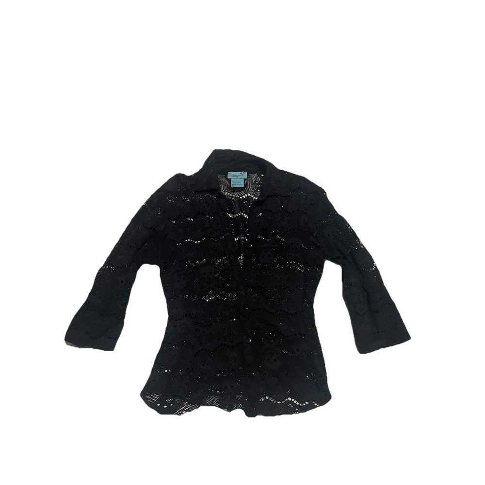 Letarte Women's Black Skull Lace Crochet Swim Cover-Up Top Button Down Size S